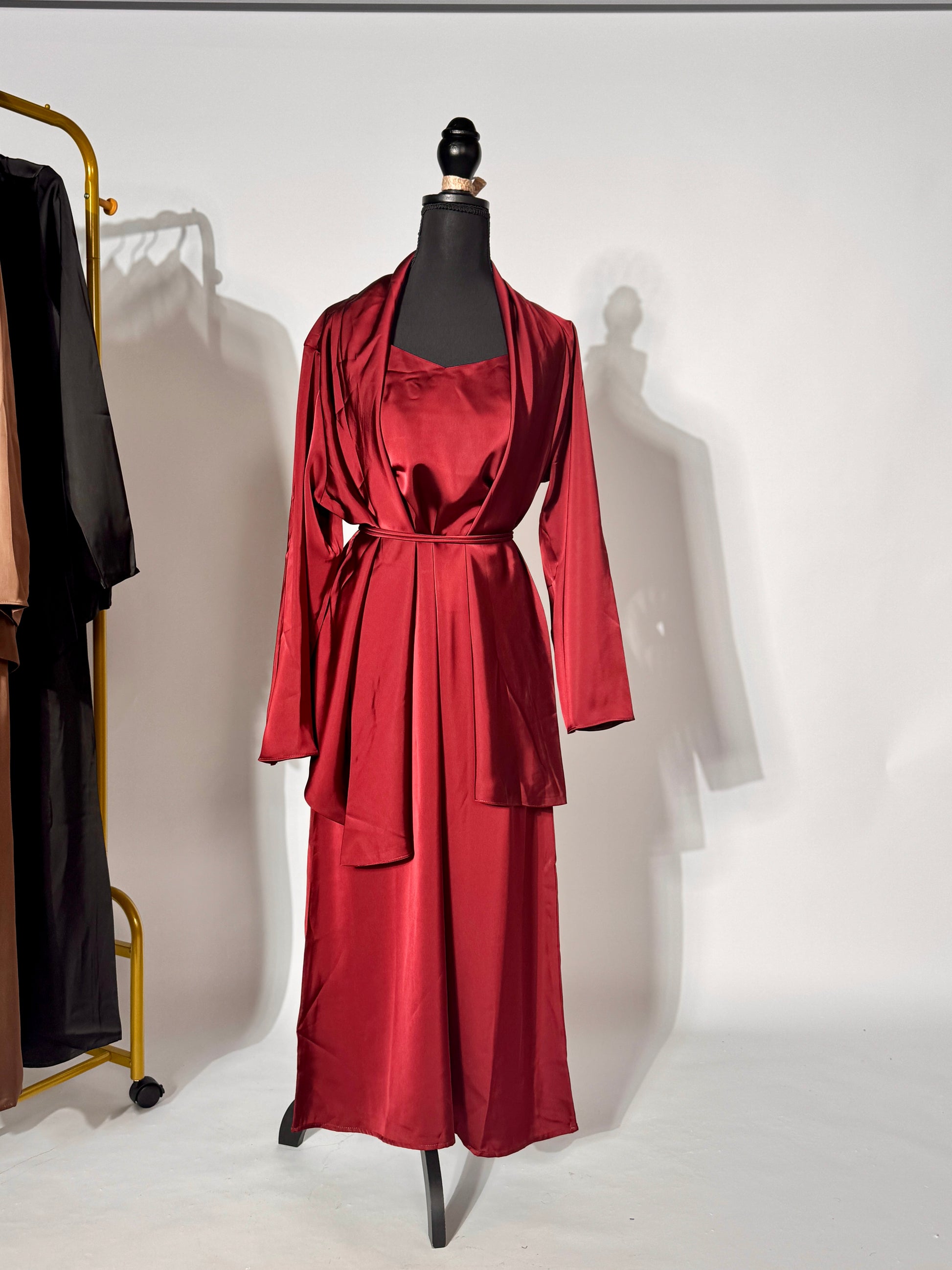 satin dress with cardigan Oufan - Spaghetti Strap V-Neck Satin Dress / Plain Long Cardigan